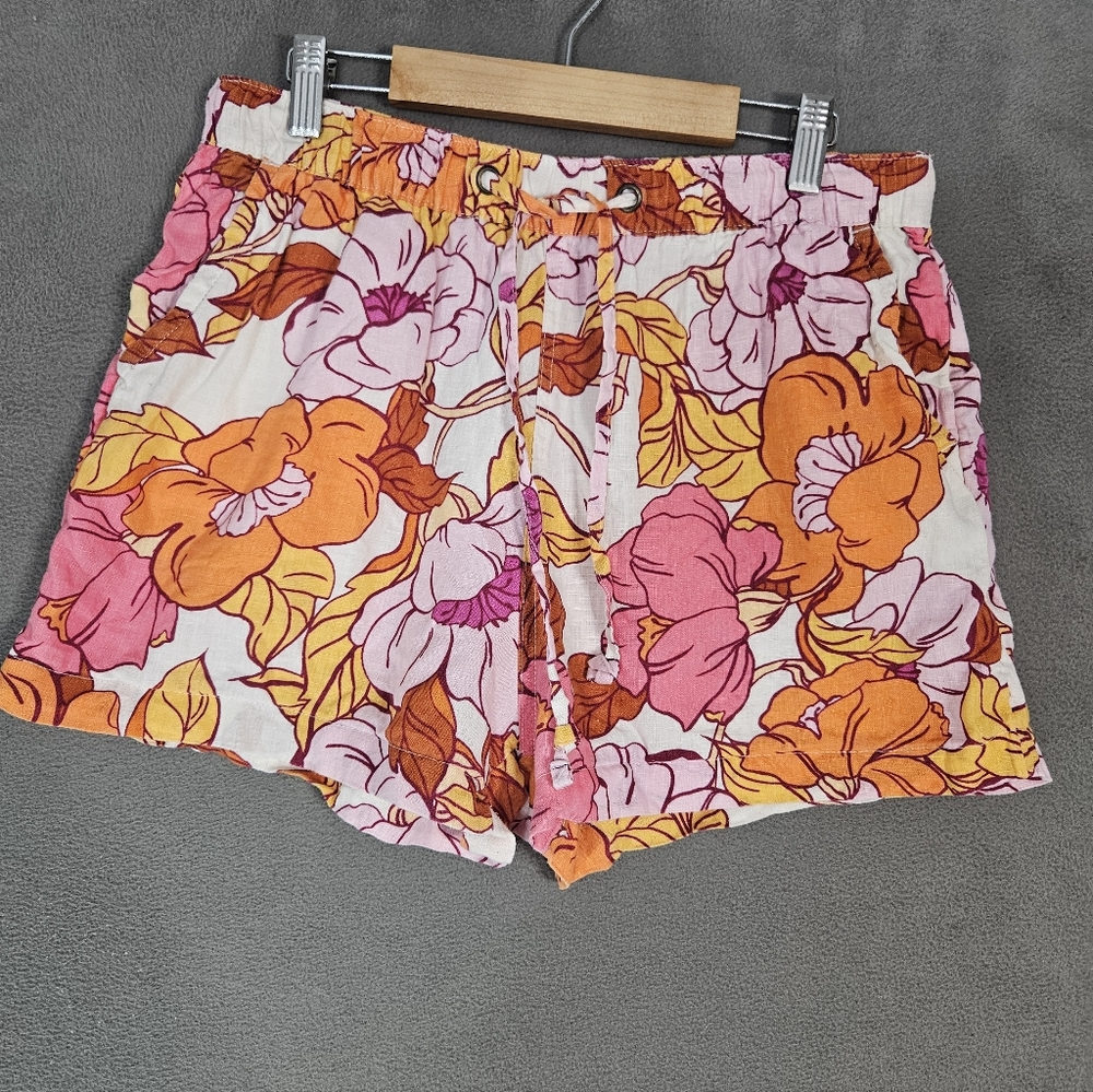 Rachel Roy 100% Linen Womens M Shorts Pink Floral Drawstring Pockets High-Rise